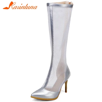 

Karinluna Hot Sale 2020 Plus Size 50 Comfortable Shoes Woman Boots Thin High Heels Pointed Toe Summer Boots Women Shoes