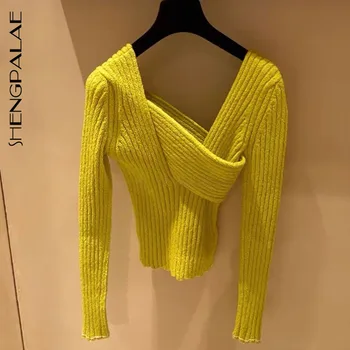 

SHENGPALAE 2020 Fashion Long Sleeve Jumper Knitted Loose Fashion Pullover Femme Irregular V-neck Sweater Bottoming Shirt ZA3994