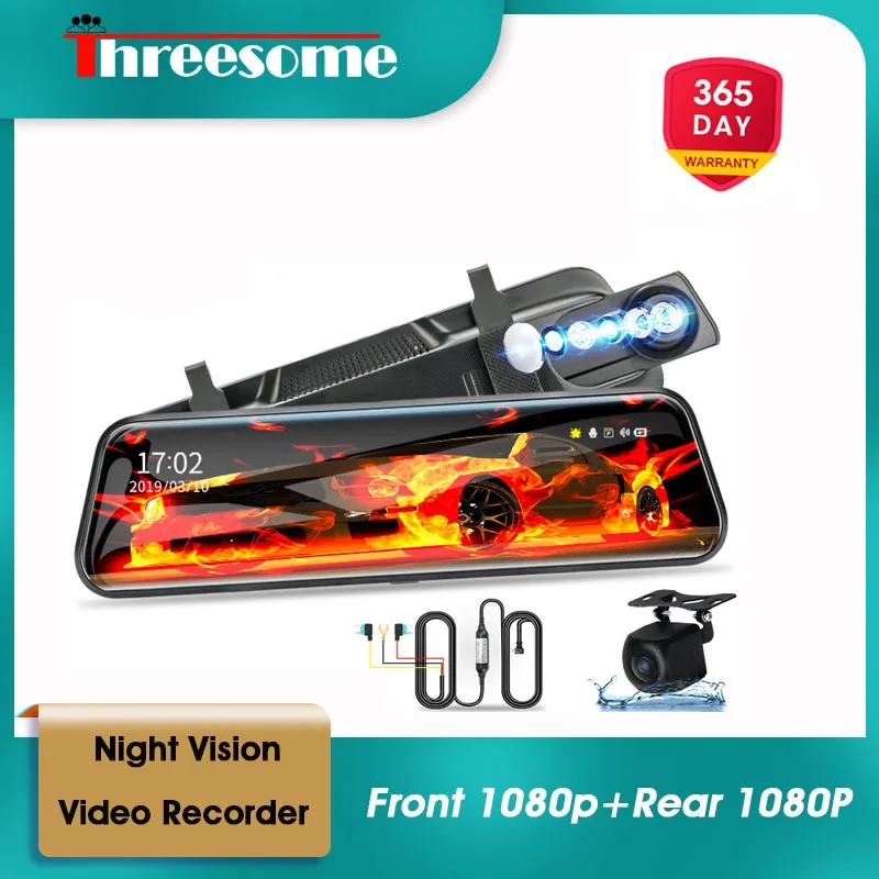 

10'' Car DVR Touch Screen Dual Lens 1080P Stream Media Dash Camera Night Vision Video Recorder Rearview Mirror Rear Camer