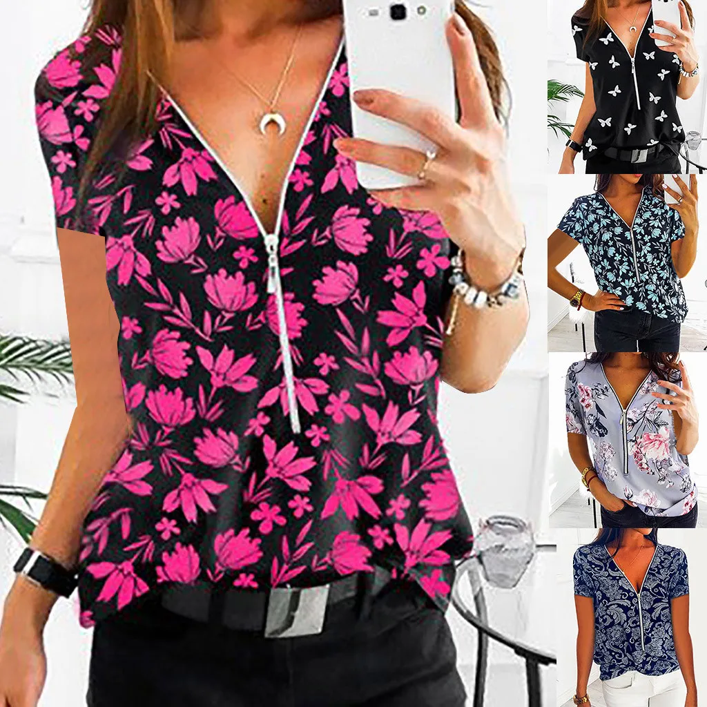 Túnica de talla grande con cremallera para mujer, tops con estampado de flores, camisa de manga corta, blusa de cuello en V, blusa informal vintage para mujer