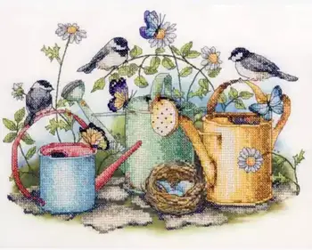 

Gold Collection Lovely Counted Cross Stitch Kit Birds Bird Nest Butterflies Butterfly and Watering Pot Garden