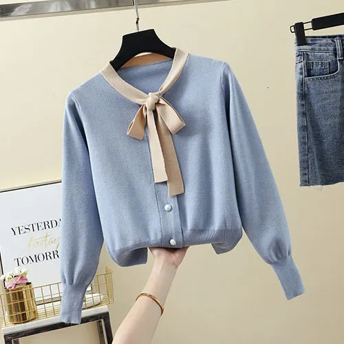 Blue PEONFLY, Модный пуловер, свитер для женщин,, осень, зима, корейский, Kawaii, бант, пояс, воротник, свитер, женский, синий, белый, джемпер для женщин - Цвет: Blue