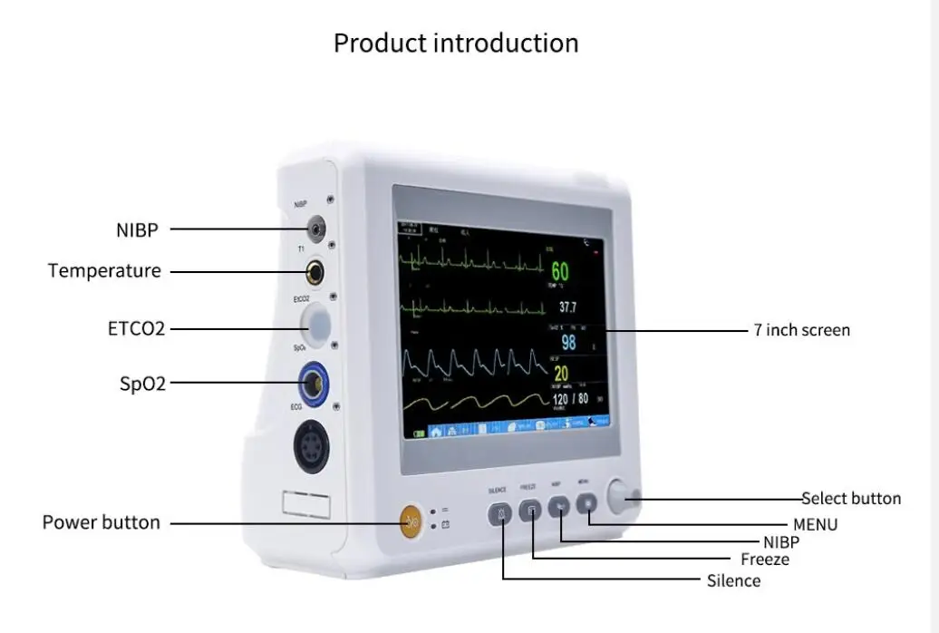 7in ICU модульный монитор пациента измерения артериального давления SpO2/PR/NIBP/ECG/RESP/TEMP/ETCO2