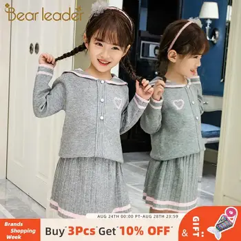 

Bear Leader 4-13 Years Girls Knitted Sweater Suits Long Sleeve Top and Pleated Skirt Children Autumn Cute Teenagers Girls Suit