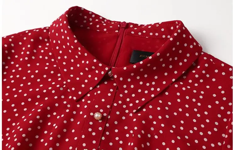 Длинное женское платье, осень M-XXL, новинка, красное, в горошек, маленький отложной воротник, длинный рукав, тонкая талия, элегантное шифоновое платье миди