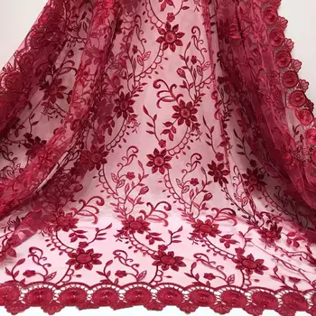 

High Quality Nigerian Lace Fabric Wine Red African French Net Lace Fabric 3 d flower mesh Embroidered Tulle Mesh Lace Fabric net