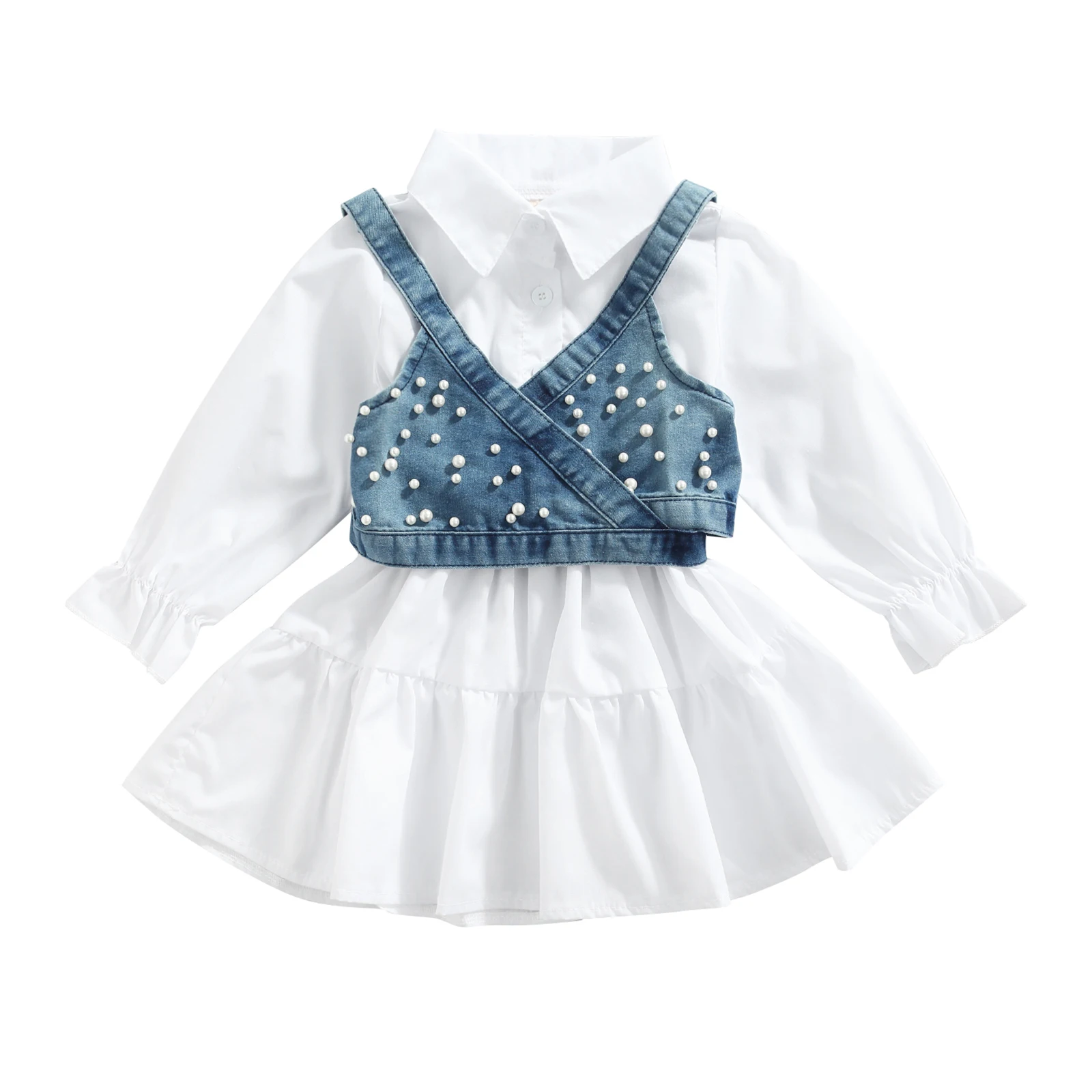 2Pcs Kids Summer Outfit Solid Color Lantern Sleeves Shirt Dress + Denim Beading Vest for Girls 1-6 Years | Детская одежда и обувь