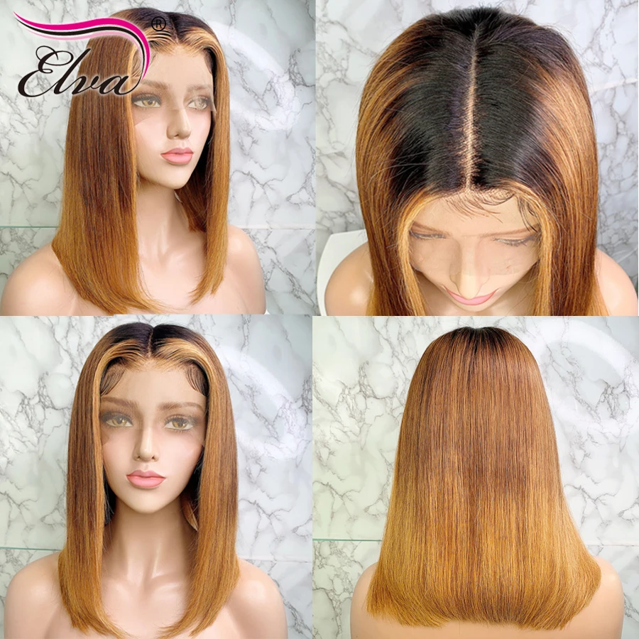Cheap Elva Hair Ombre 13x6 Lace Front Human Hair Wigs Straight 3T Blonde Highlights Color Extra Pro.Ratio 150% Remy Short Bob Wig