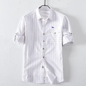 

camisetas hombre Men's Baggy Cotton Linen Striped Long Sleeve Button Retro Shirts Casual Tops Blouse Embroidery blaine camiseta