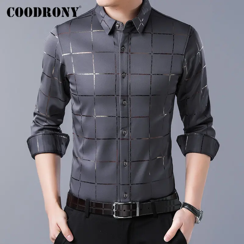 Бренд COODRONY, мужские рубашки с длинным рукавом, хлопковая рубашка для мужчин, осенние мужские рубашки, Повседневная облегающая уличная одежда, клетчатая рубашка Camisa Masculina 96065 - Цвет: Серый
