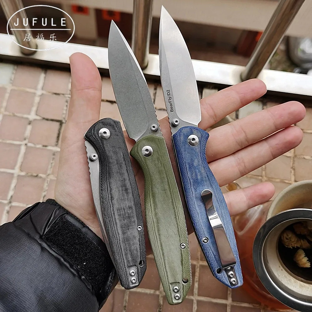 JUFULE BearFly Real D2 60 HRC blade micarta handle camping kitchen hunting Outdoor pocket fruit EDC tool Utility folding knife