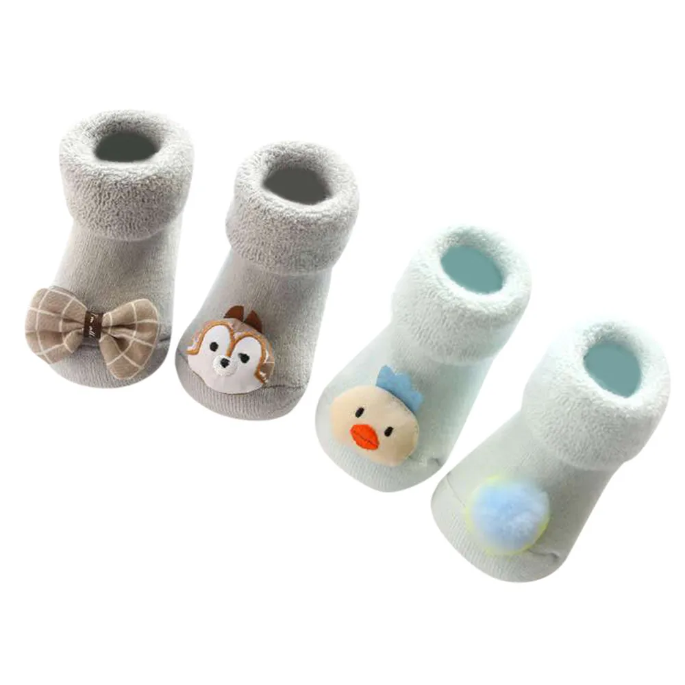 Gray 2 пары, милые носки для новорожденных с героями мультфильмов calcetines, детские Нескользящие зимние теплые носки для маленьких девочек и мальчиков, тапочки, ботинки meias - Цвет: Gray