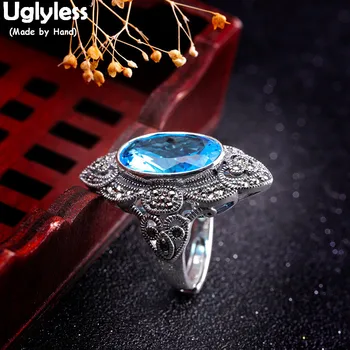 

Uglyless Noble Blue Zircon Rings for Women Exaggerated Wide Open Ring 925 Thai Silver Marcasite Rhombus Bijoux Fine Jewelry R933