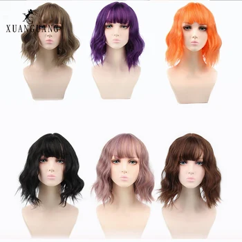 

Synthetic Wigs Purple Black Color with Bangs for Fashion Lady Short Women's Hair Wig Natural Wave Cosplay Heat Resistant Fiber