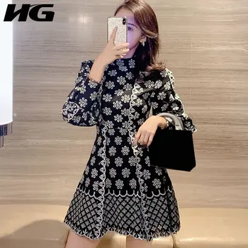 

HG Print Pattern Zipper Dress Women 2020 Autumn Casual Fashion New Style Temperament Goddess Fan Lantern Sleeve Dress ZP3103