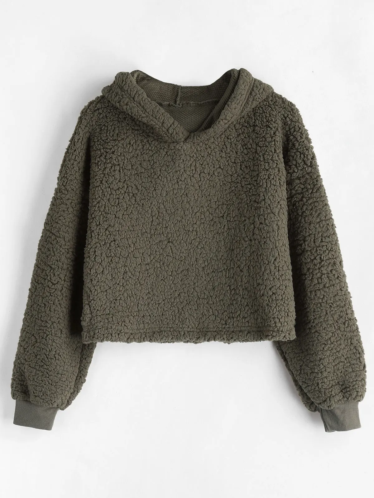 Army Green ZAFUL зимняя пушистая толстовка с капюшоном для женщин, однотонный пуловер с длинным рукавом и спущенными плечами, женские Теплые Топы, новинка - Цвет: Army Green