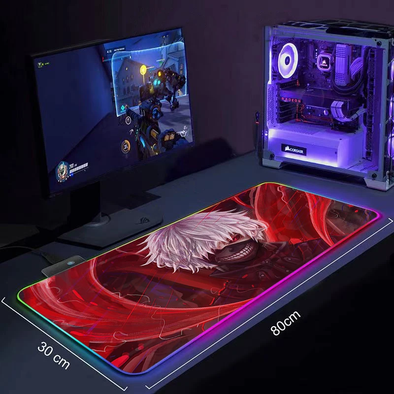 LED Mousepad Gaming RGB Pad Mouse Pad Large Keyboard Mats Rubber Speed Desk Pad Computer Rug Laptop Mat Anime Tokyo Ghoul