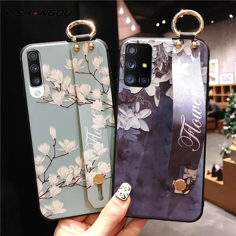 Wrist strap phone holder silicone case For Samsung S20 Ultra Note 10 9 S10 Plus S10e Flowers Leaves Patterned Soft Back Cover Wrist strap phone holder silicone case For Samsung S20 Ultra Note 10 9 S10 Plus S10e Flowers Leaves Patterned Soft Back Cover