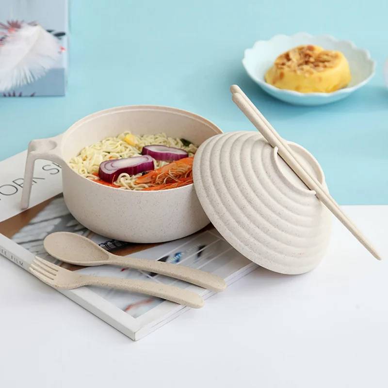 Large Instant Noodle Bowl With Lid Household Instant Noodle Bowl With Tableware Wheat Straw Lunch Box For Student