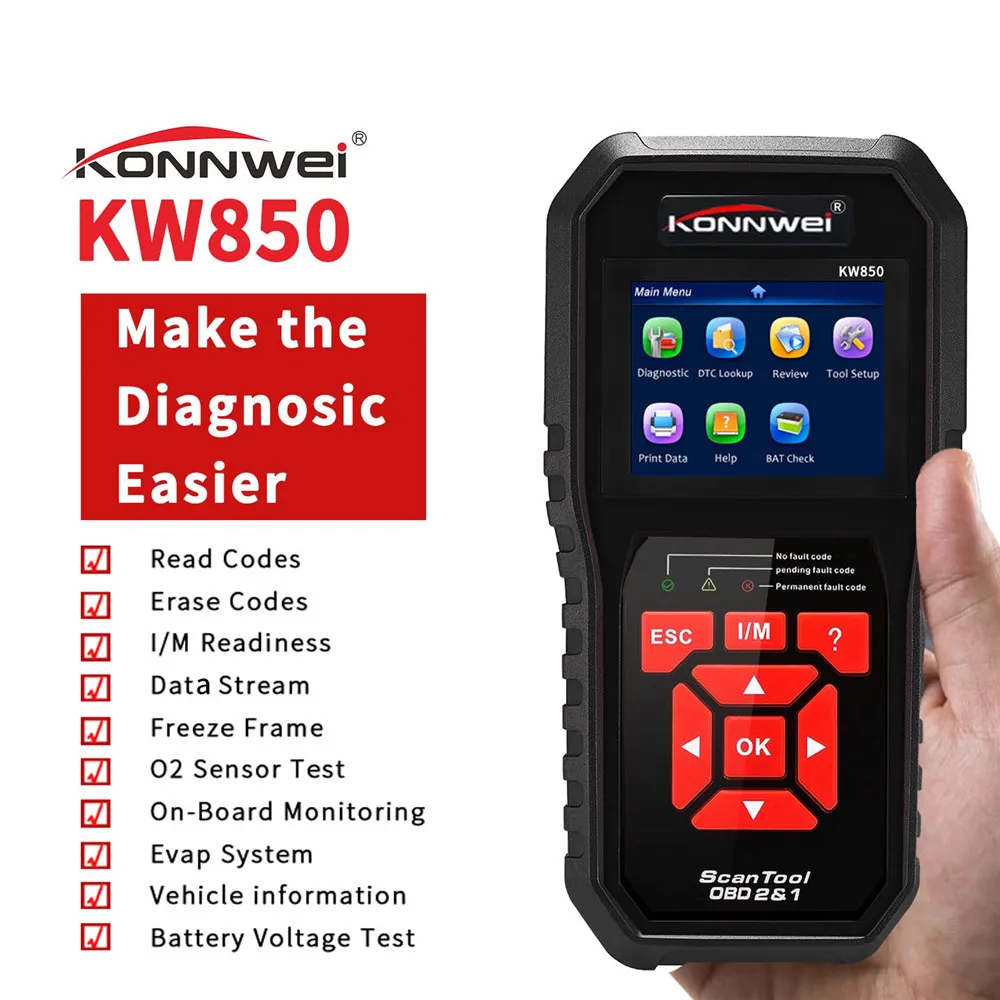 

KONNWEI KW850 Autoscanner OBD 2 OBD2 Automotive Scanner Multi-languages Auto Diagnostic Scanner better AL519 NT301 OBD2 Scanner