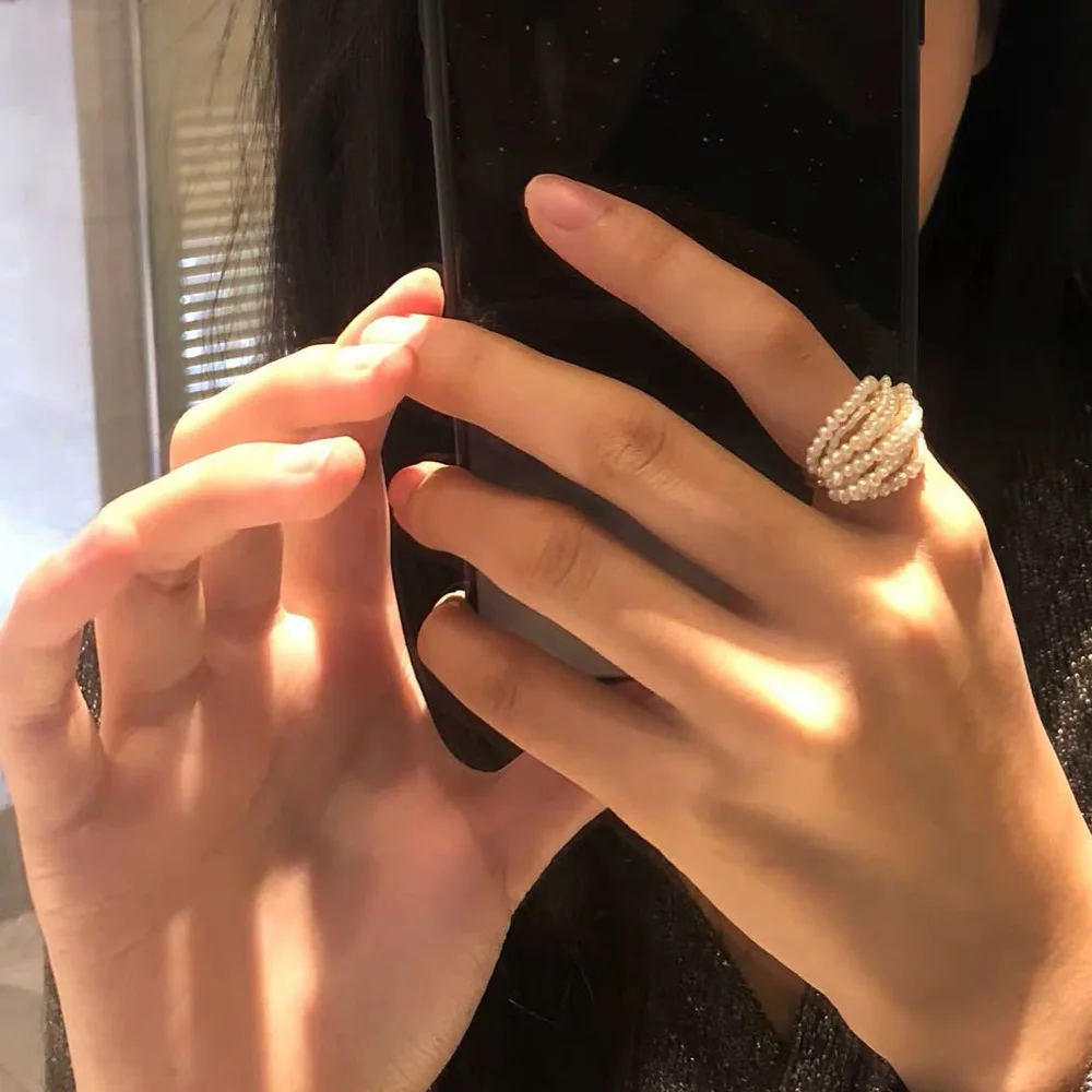 Retro Multilayer Natural Freshwater Pearl Rings Metal Geometric Bead Ring for Women Girls Party Jewelry Gift