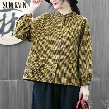 

SuperAen Fashion Women Shirts 2020 Spring New Cotton Linen Wild Casual Ladies Blouses and Tops Plaid Long-sleeve Women Clothing