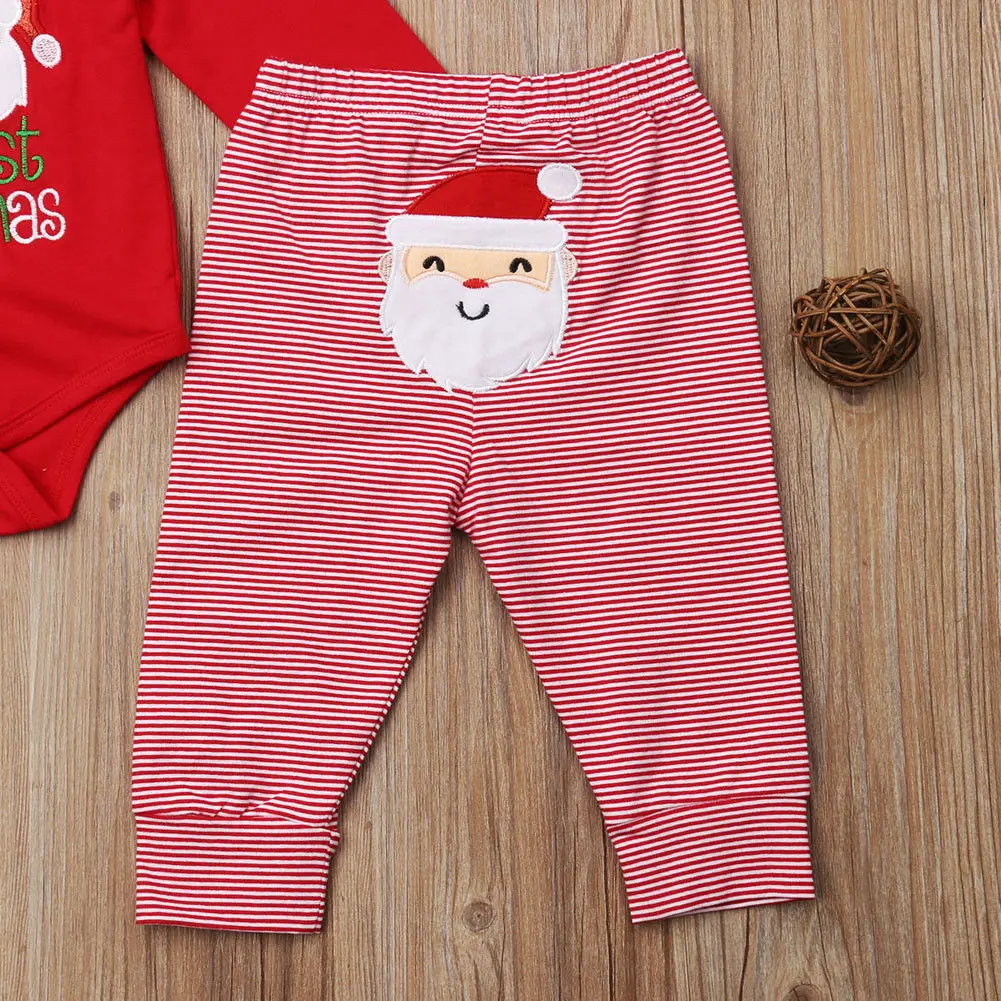 Комплект одежды из 3 предметов для новорожденных с надписью «My First Christmas Santa»; топы с принтом для маленьких мальчиков и девочек; комбинезон; полосатые леггинсы; штаны; XmasBoys; комплект одежды для девочек