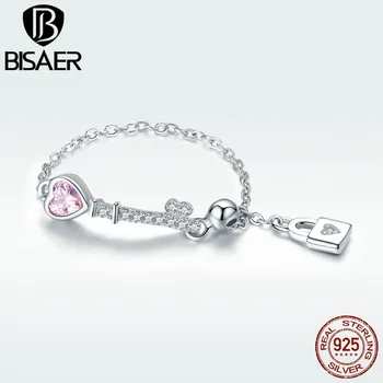 

BISAER key ring Chain 925 Sterling Silver Pinc Crystal Heart Key Lock Adjustable Rings Original Design Fashion Jewelry GXR425