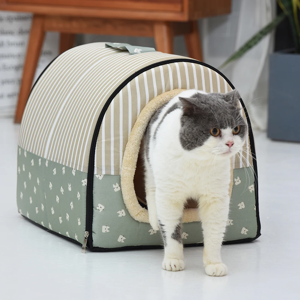 Removable Pet Cat Bed House Striped Cat Bed Portable Sleeping Mat Winter Warm Indoor Cat Sleeping Home Bag Warm Pet Supplies