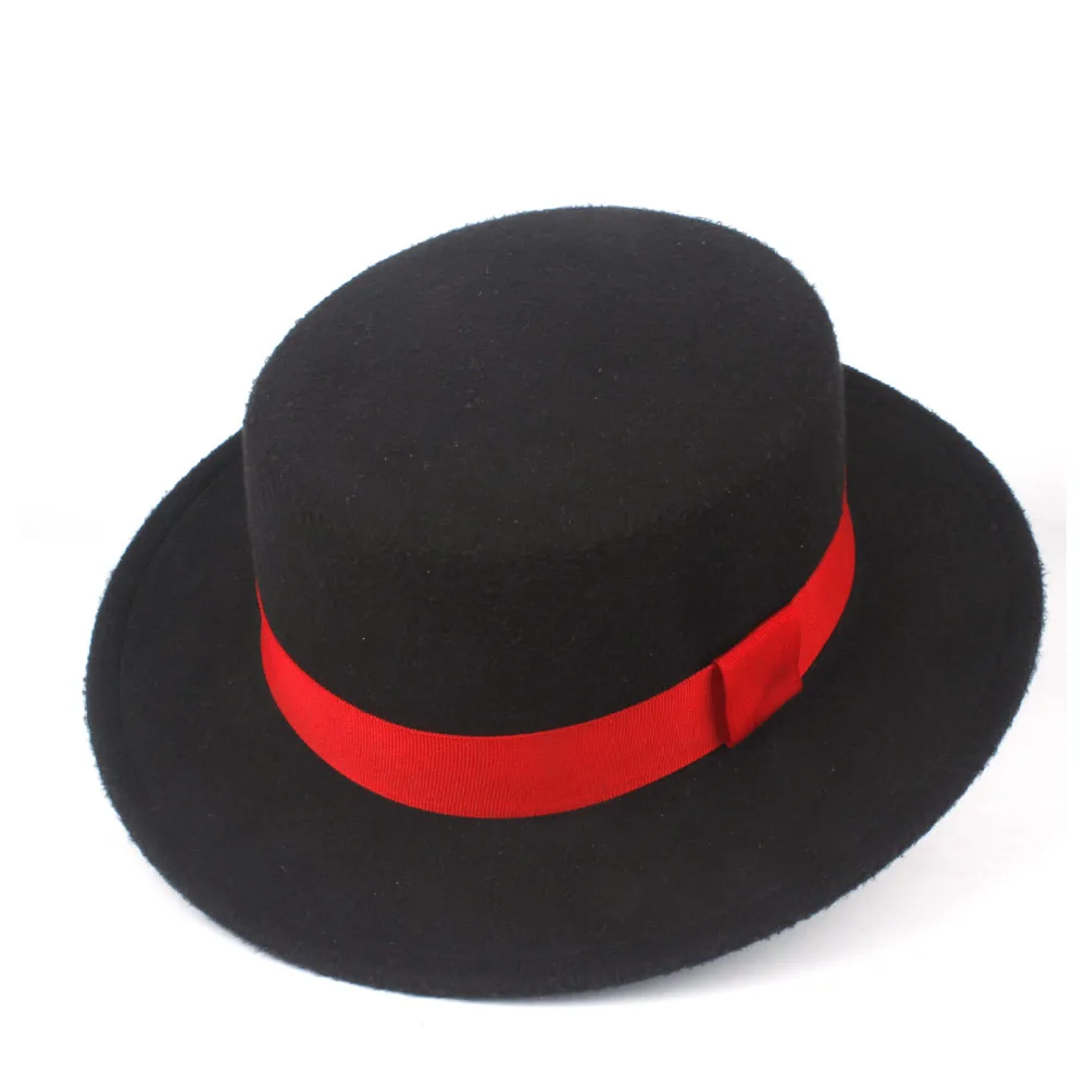 100 Wool Men Women Flat Top Fedora Hat With Red Ribbon Wool Trilby