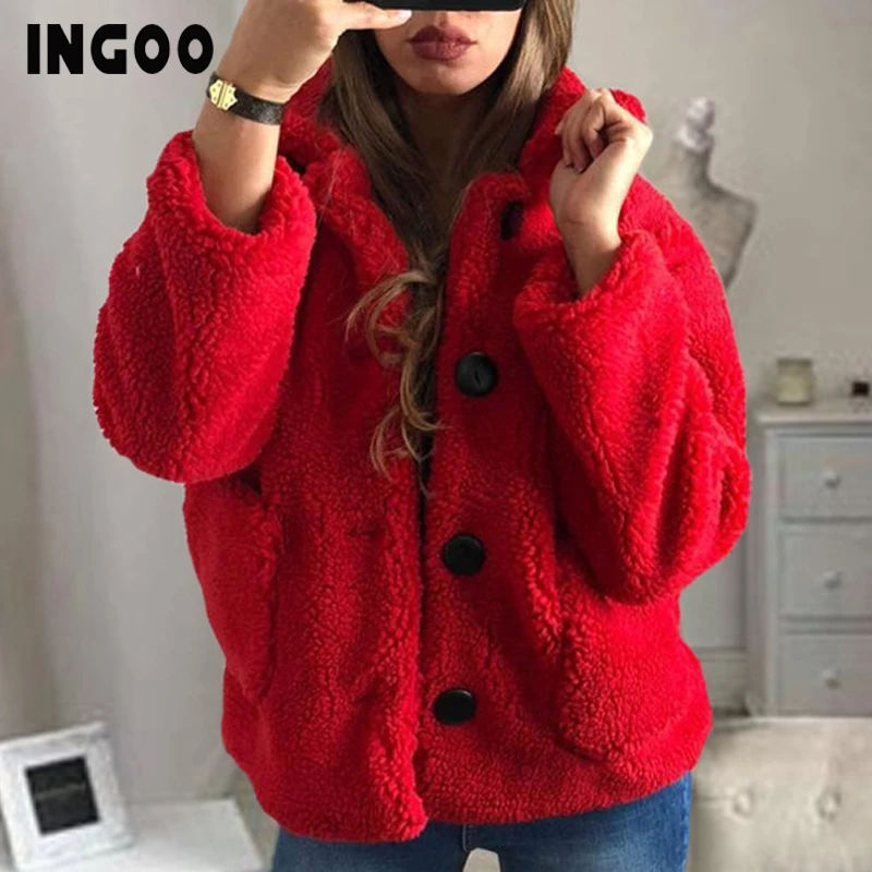 

INGOO Winter Coat Women Turn-down Collar Single Breasted Wool Faux Fur Jacket Long Sleeve Pocket Teddy Coats Female