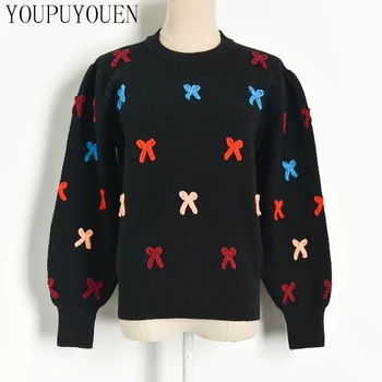 

Puff Sleeve Sweater Bow Crochet Knit Pullover Sweaters Womens Autumn Winter Sweet Black Knitwear Jumper Female Fashion Clothing