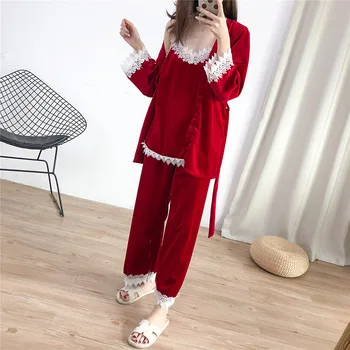 

3PCS Sleepwear Sexy Women Velour Pajamas Suit Burgundy Long Sleeve Home Clothing Nightwear Novelty Autumn New Homewear Sleep Set