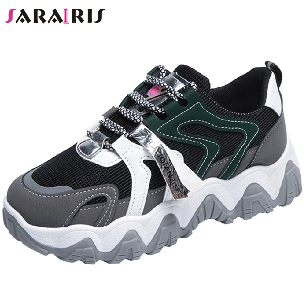 

SARAIRIS Brand Cool Female Lace Up Platform Chunky Heel Mixed Color Round Toe Flats Air Mesh Fashion Flats Women Shoes Woman