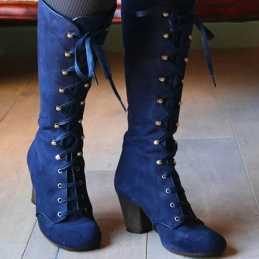 Черные сапоги; женские сапоги до колена; повседневные винтажные сапоги до середины икры в стиле ретро; обувь на толстом каблуке со шнуровкой;# G1
