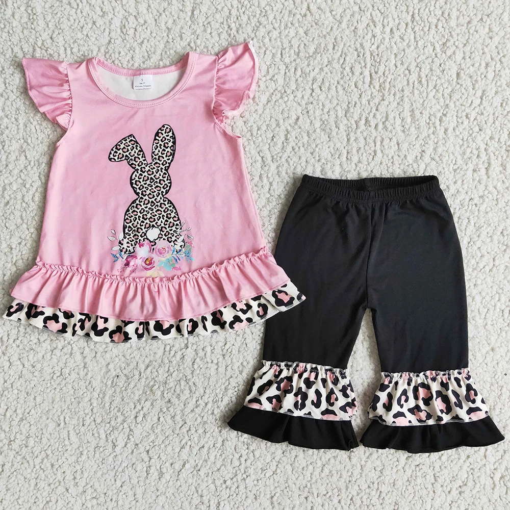 

New Fashion Kids Designer Clothes Girl Outfits Easter Boutique Baby Girl Clothes Leopard Bunny Cute Kids Clothes Wholesale Sets