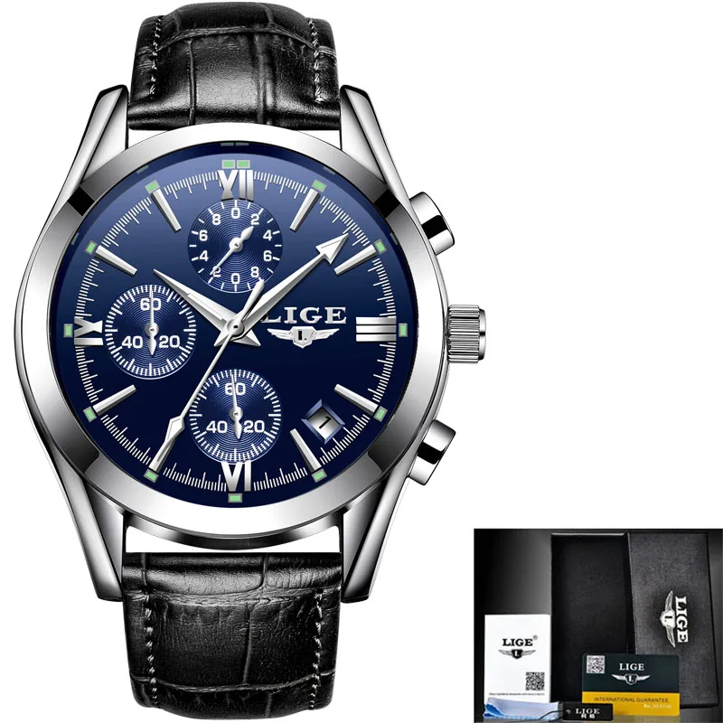 silver blue leather Relogio Masculino LIGE мужские Топ люксовый бренд военные спортивные часы мужские кварцевые часы мужские полностью стальные повседневные Бизнес золотые часы - Цвет: silver blue leather