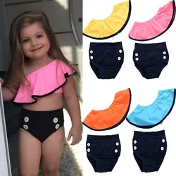 Детский купальный костюм, комплект летней одежды для маленьких девочек, топ с оборками на одно плечо, треугольные плавки, цветные детские