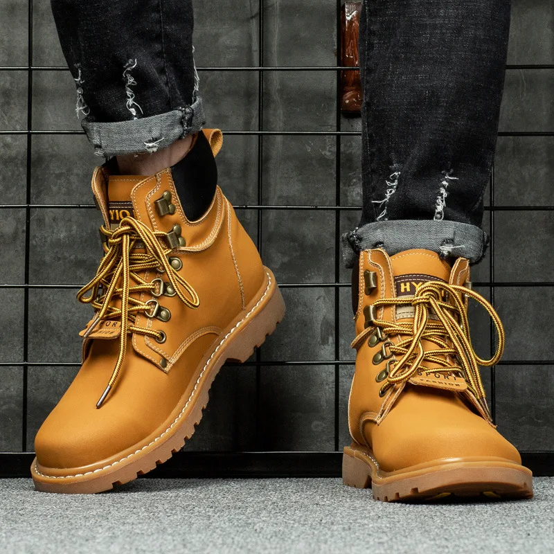 

Martin Boots Men's Winter plus Velvet Warm Combat Boots Genuine Leather Workwear Boots Korean-style Trend Hight-top Martin Boots