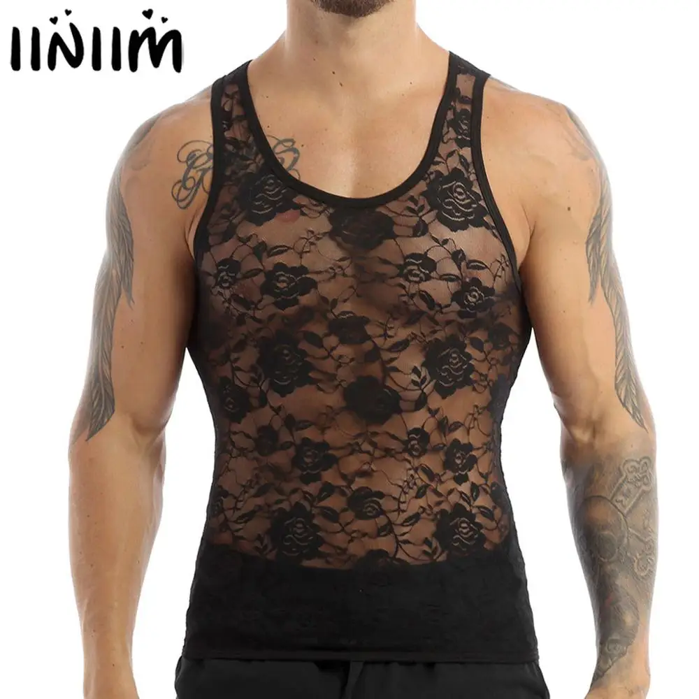 

Mens Sissy See Through Sheer Lingerie Sexy Lace Mesh Muscle Fitted T-shirt Top Homme Sleeveless Club Undershirt Gay Exotic Tanks