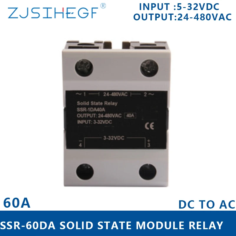 

ZJSIHEGF 3-32VDC Single Phase Solid State Relay 24-480VAC SSR-60DA/80DA/100DA/120DA High Fuction For Temerature Controller