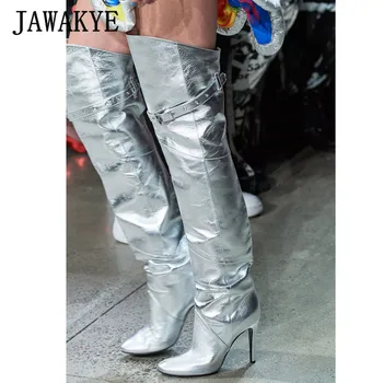 

Runway Glitter Leather Thigh High Boots Women Buckle Belt Decor High Heels Party Shoes Fashion Pointy Toe T-Show Shoes Woman