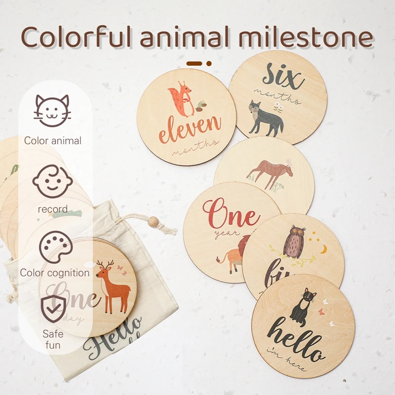 17pcs Baby Milestone Animal Cards Wooden Birth Milestone Photography Props Birth Monthly Recording Cards Newborn Birthday Gifts Baby Souvenirs hot