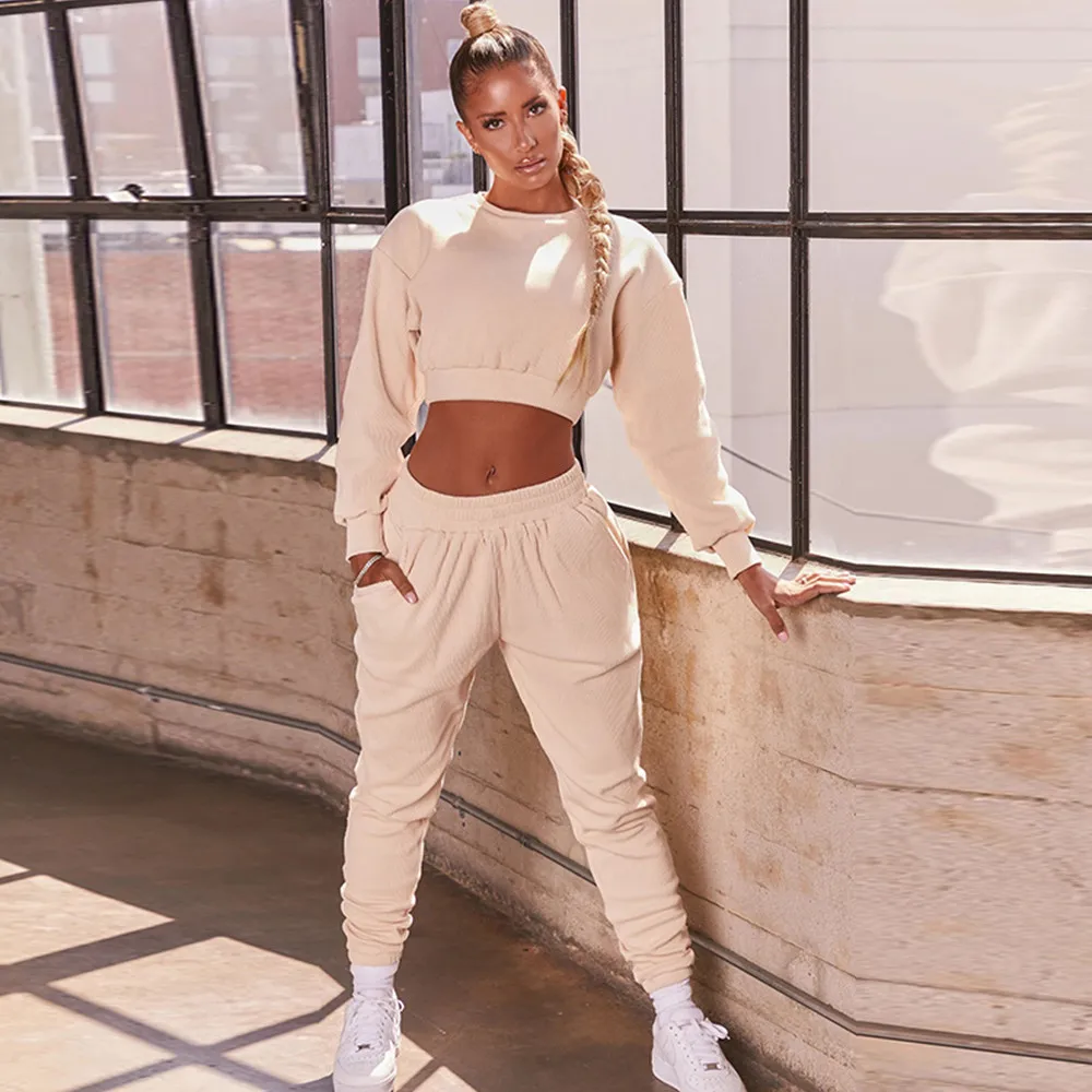 

Autumn Winter Casual Sports Solid Ribbed Two Piece Set Top and Pants Tracksuit Women Sweat Suits 2 Piece Outfits Chandals Mujer