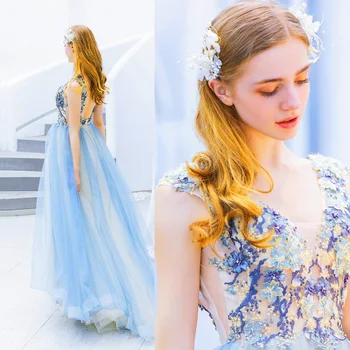 

Blue Evening Dresses A-line V-neck Tulle Lace Flowers Appliques Long Elegant Party Dresses Evening Gowns Vestido De Festa JK51