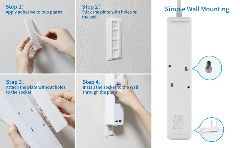 NTONPOWER Network Filter with 3M Extension Cord Wall Mounted Power Strip High Quality 5 Power Sockets 2 USB Surge Protector Home