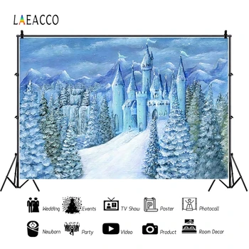 

Laeacco Baby Shower Backdrops For Photography Blue Sky White Snow Pine Trees Castle Photo Backgrounds Newborn Children Photocall