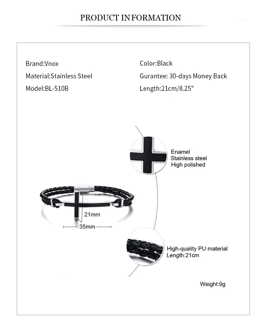 Vnox повседневные мужские боком браслеты с крестообразной подвеской черные плетеные кожаные веревки наручные мужские ювелирные изделия