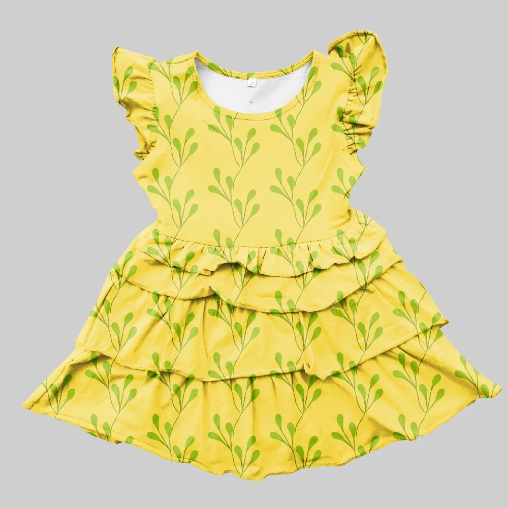 Новое поступление; летняя одежда для маленьких девочек; желтая детская одежда без рукавов с цветочным принтом, подсолнухом, молочным шелком и оборками; Длина до колен
