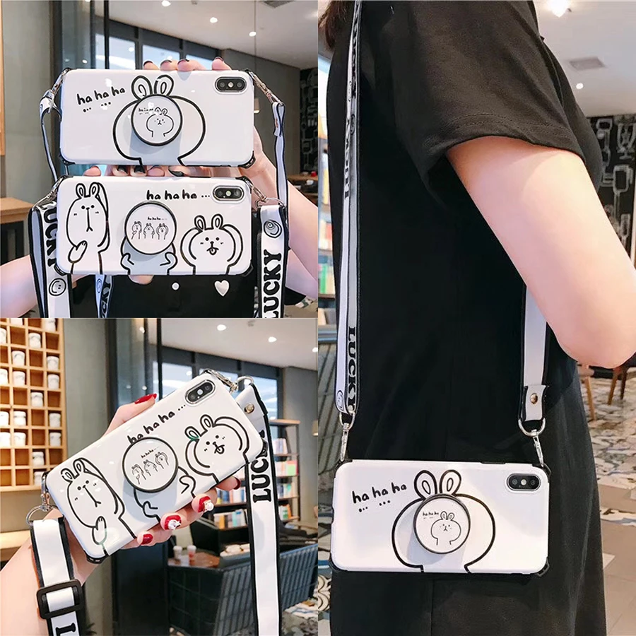 

Anti-knock strap tpu case for iphone 7 8 6S 6 plus X XR XS MAX case cover cute cartoon rabbit shockproof holder soft silicone